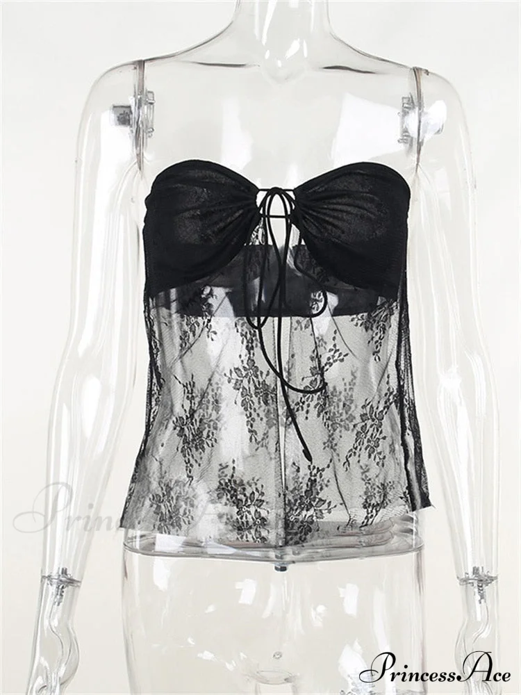 Lace Sheer Tube Charming Tie Up Slit Top - Image 5