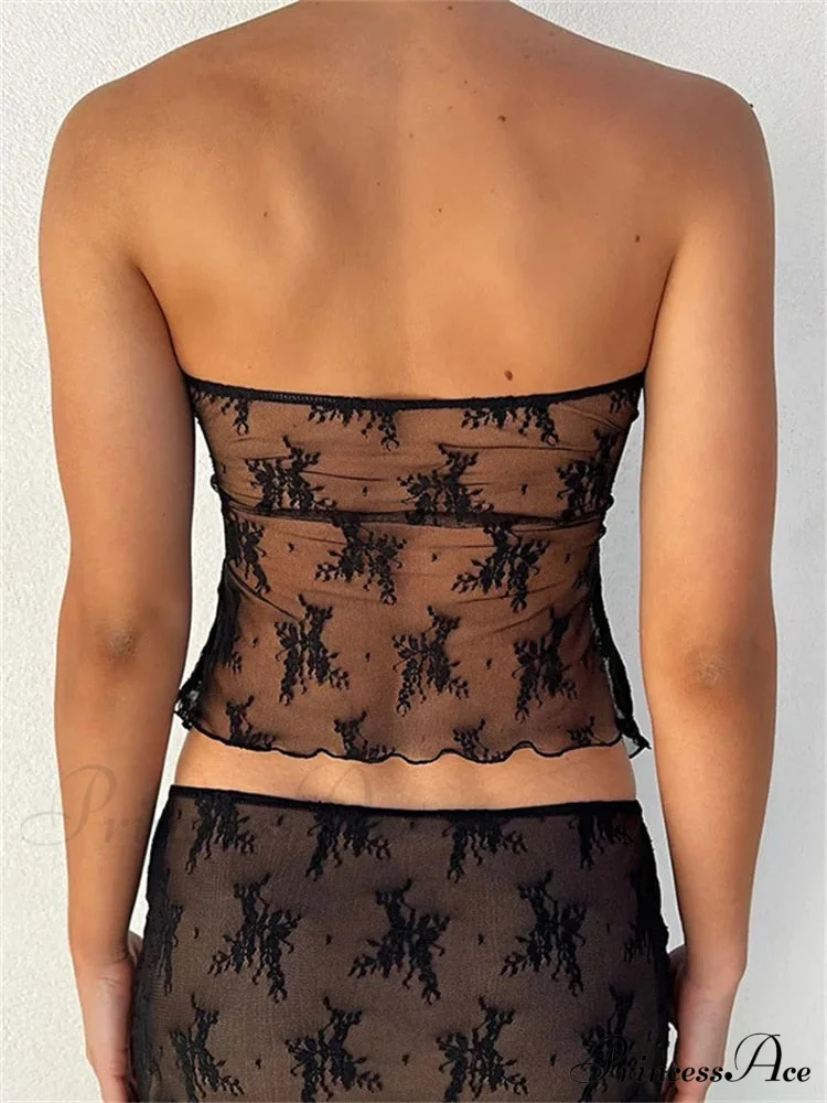 Lace Sheer Tube Charming Tie Up Slit Top - Image 6