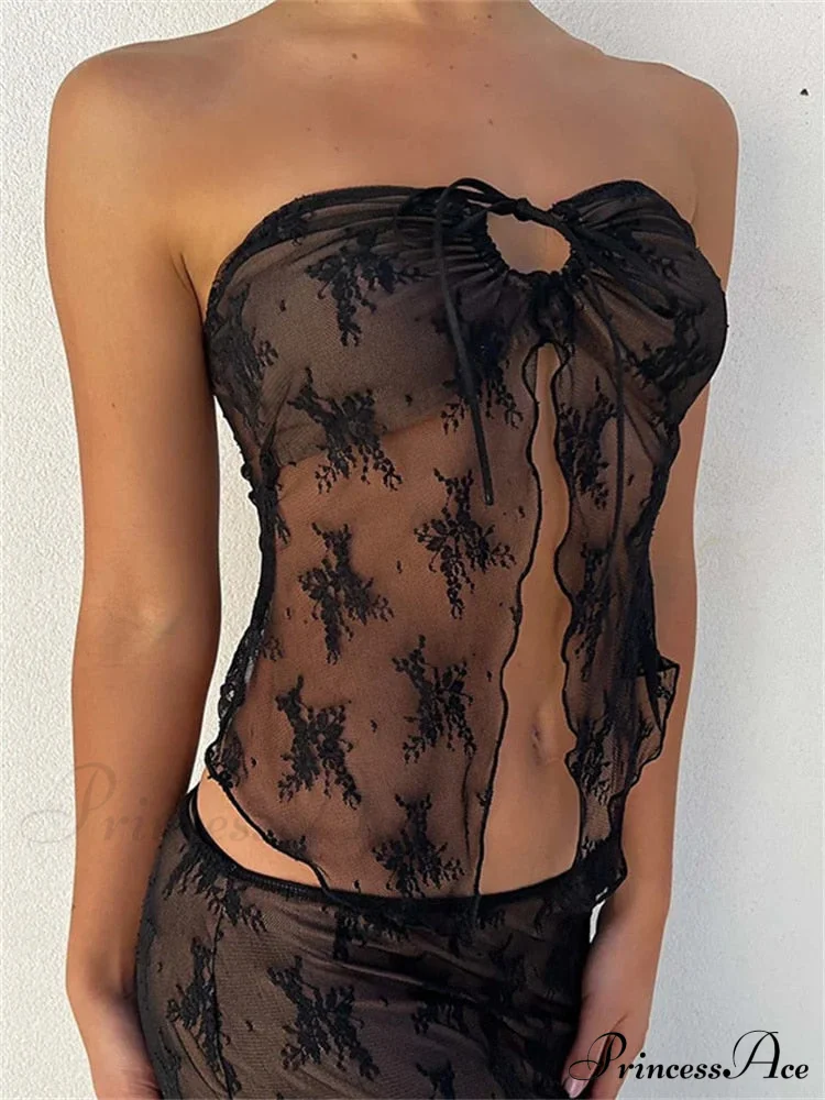 Lace Sheer Tube Charming Tie Up Slit Top - Image 7