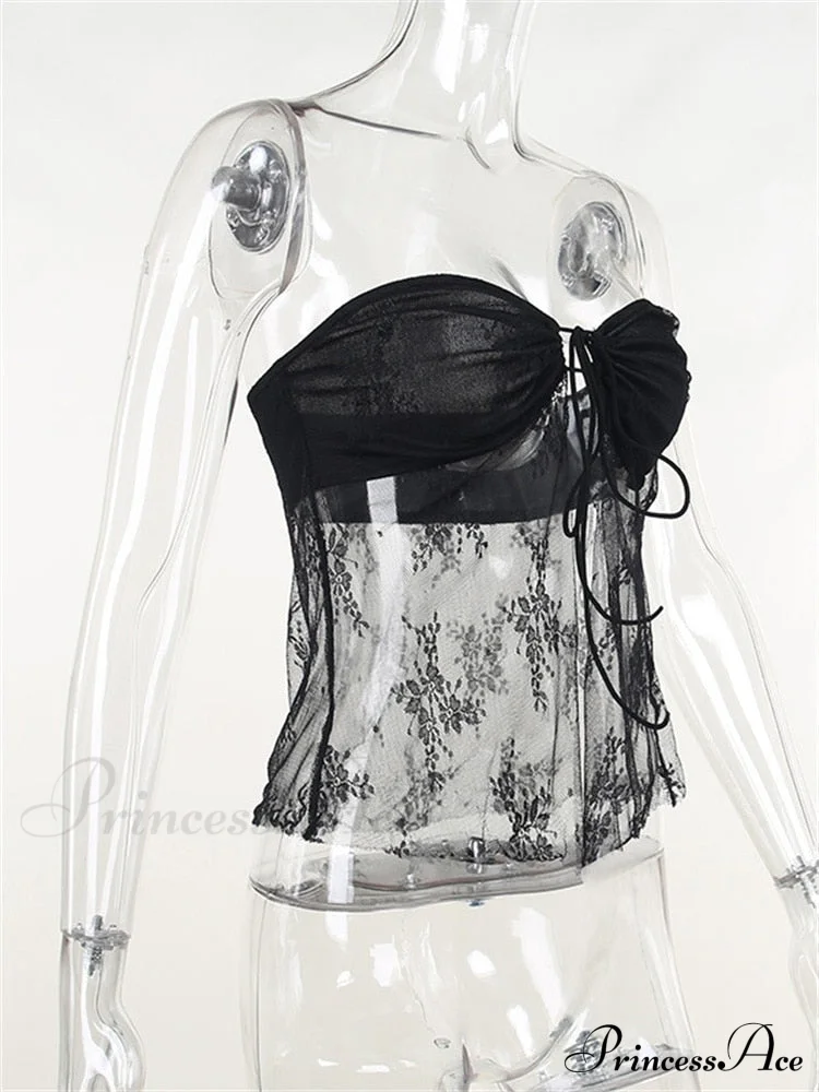Lace Sheer Tube Charming Tie Up Slit Top - Image 9