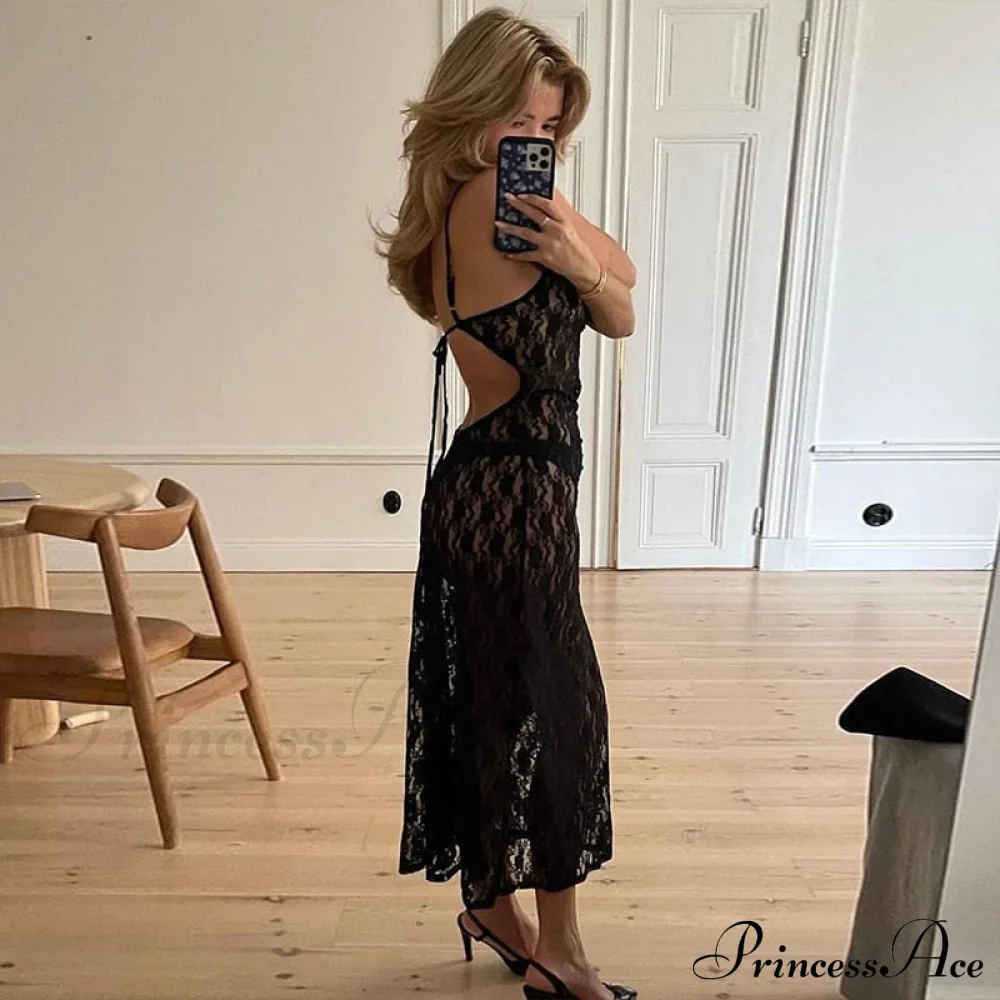 Black Lace Mesh Charming Strap Midi Dress - Image 10