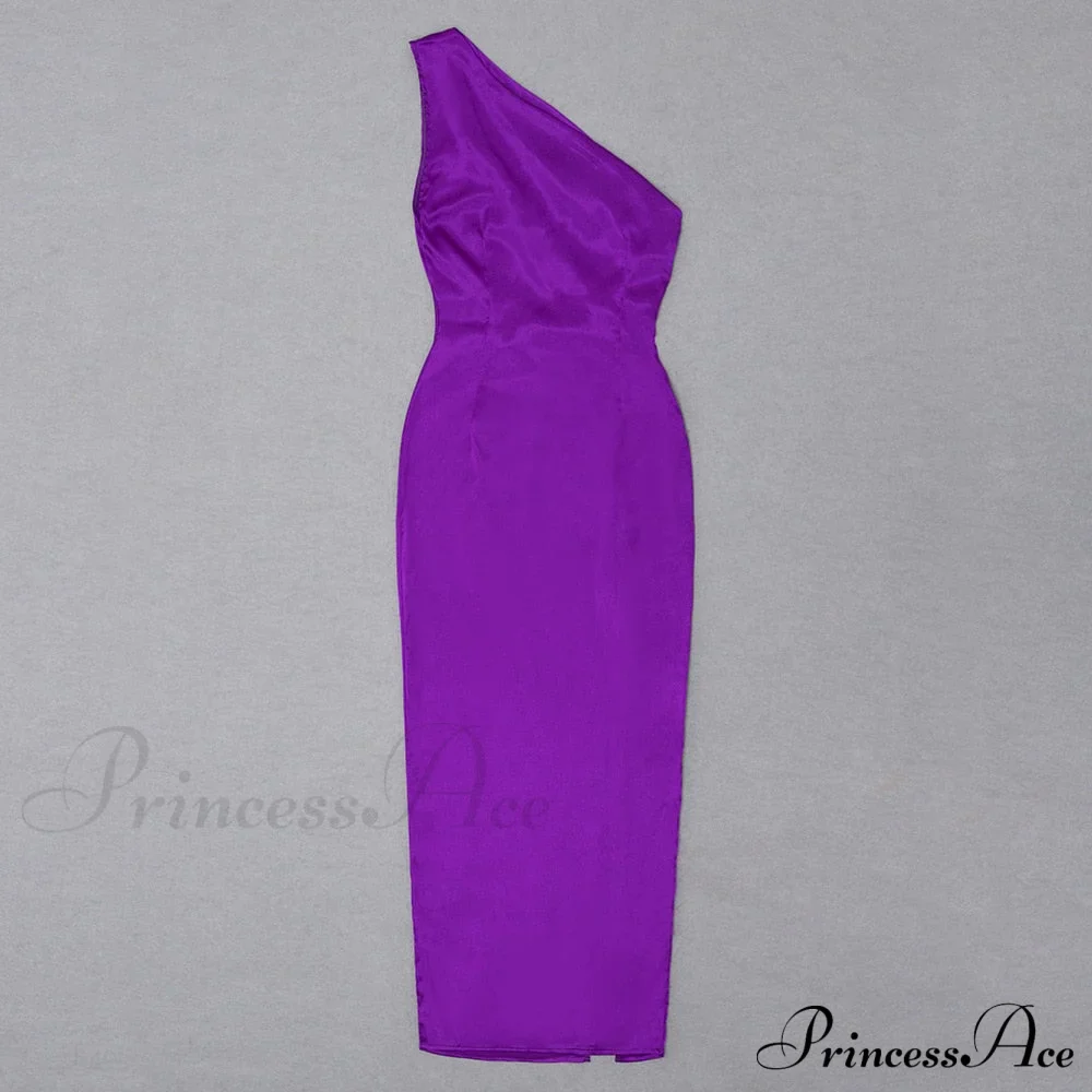 Purple One Shoulder Satin Graceful Hollow Cut Maxi Dress - Image 5