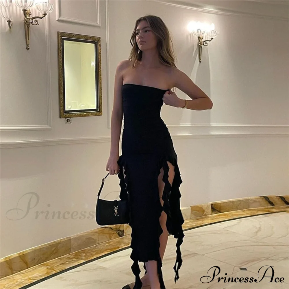 Ruffle Fringe Double Charming Slit Tube Midi Dress - Image 12