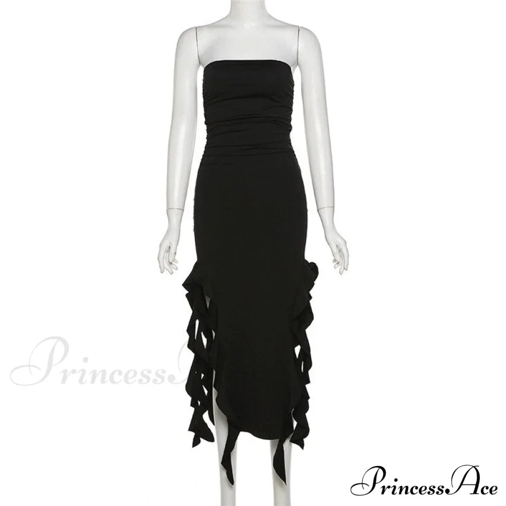 Ruffle Fringe Double Charming Slit Tube Midi Dress - Image 24