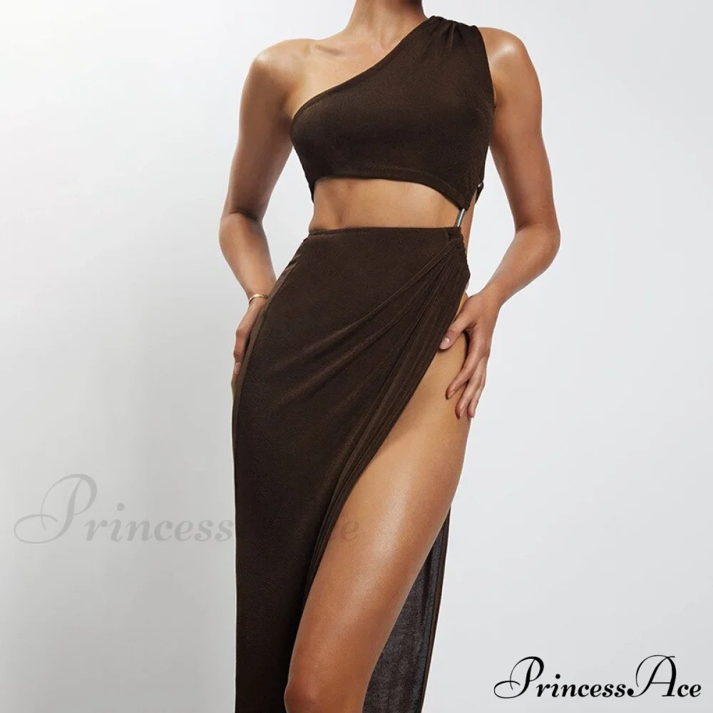 One Shoulder High Split Graceful O-Ring Long Maxi Dress - Image 14