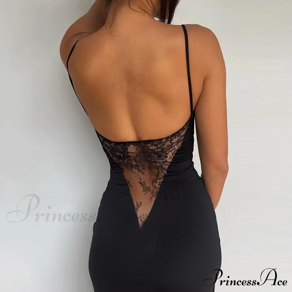 Black Lace Patchwork Charming Maxi Slit Dress - Image 2