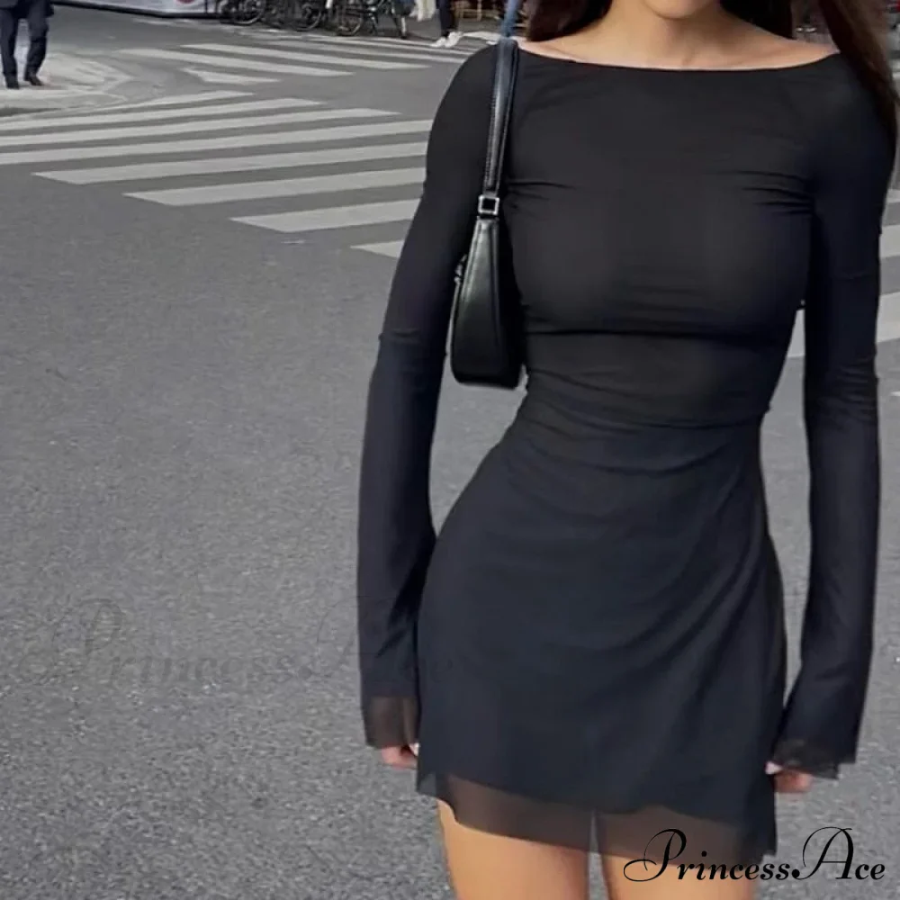Black Mesh Long Charming Sleeve Backless Mini Dress