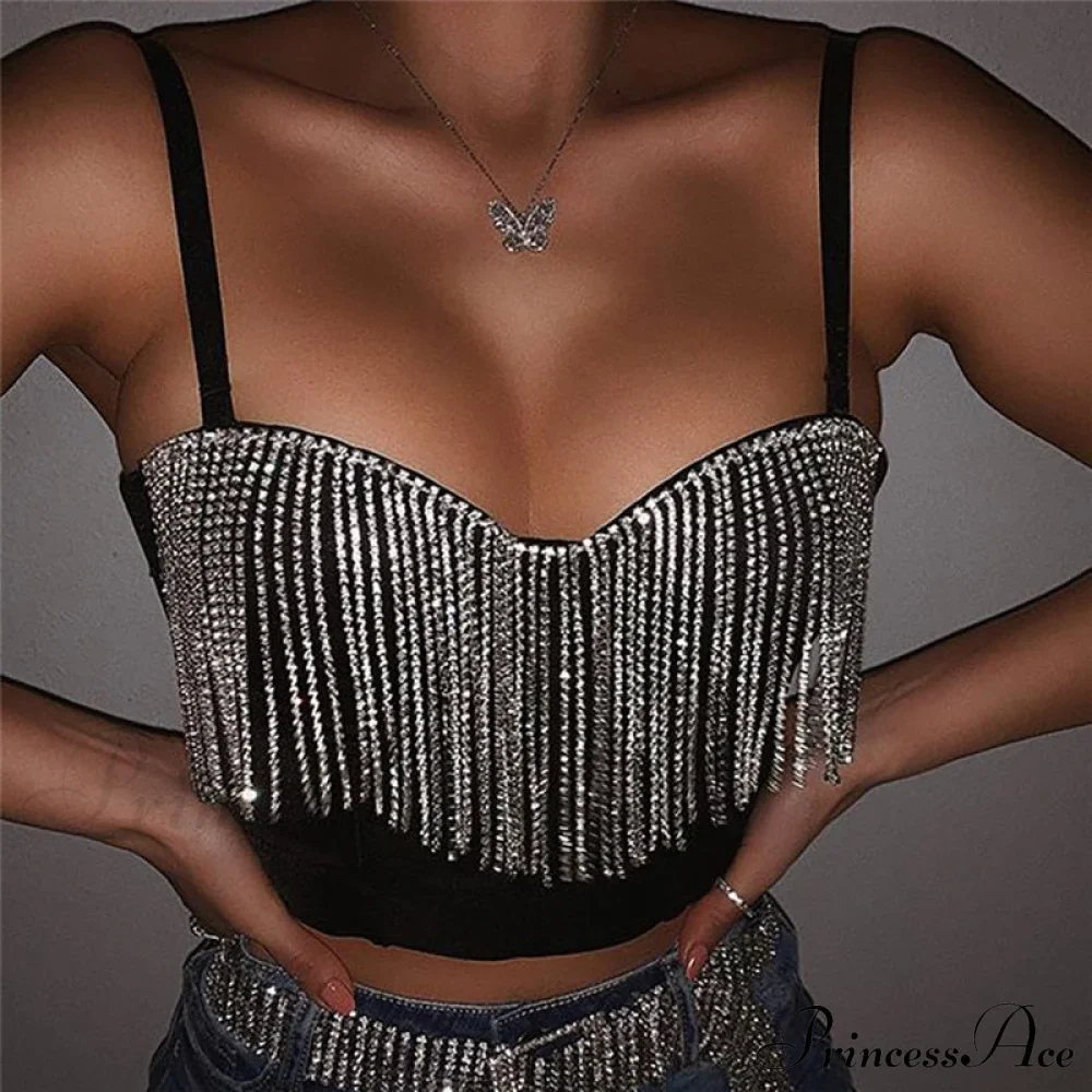 Black Strap Crop Charming Top With Rhinestone Fringe - Image 4