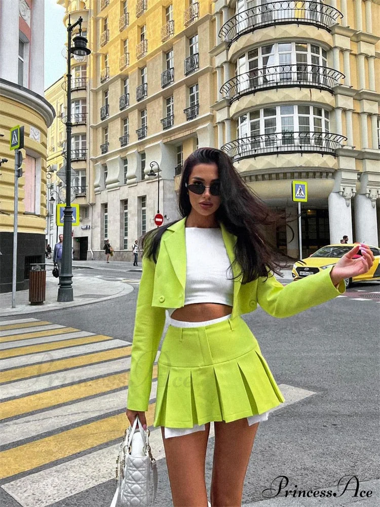 Cropped Blazer And Charming Pleated Mini Skirt Set - Image 18