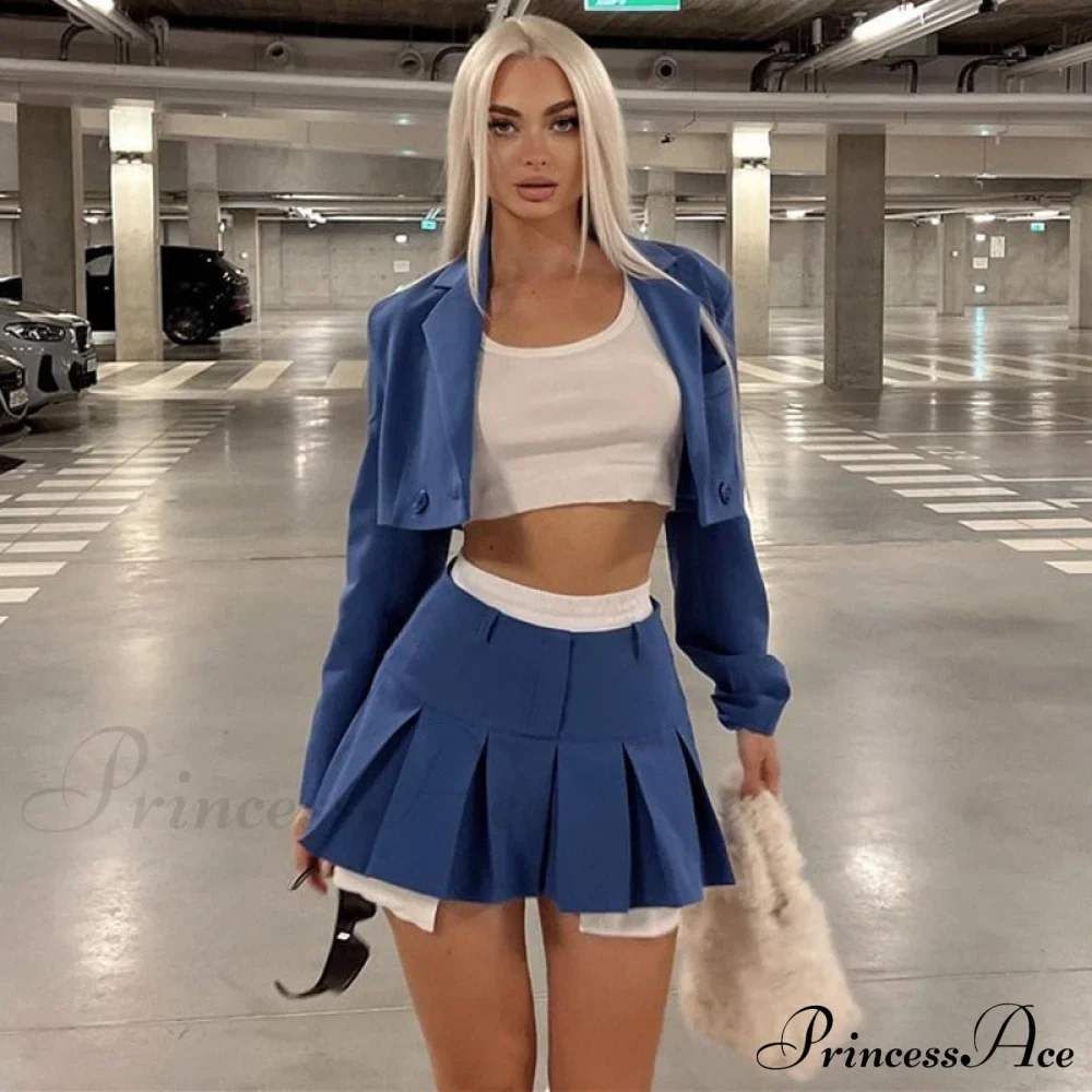 Cropped Blazer And Charming Pleated Mini Skirt Set - Image 21