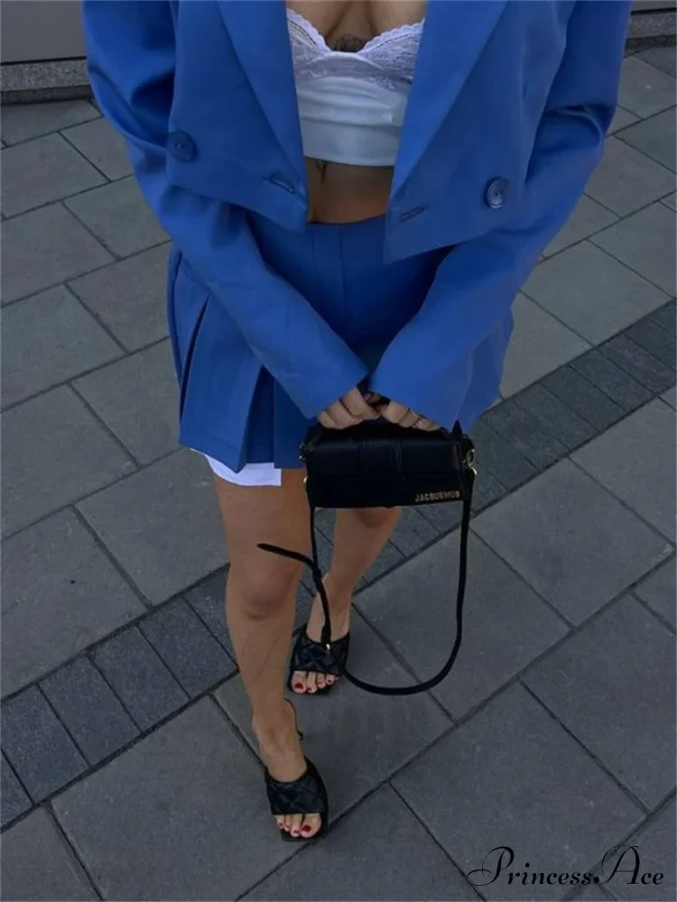 Cropped Blazer And Charming Pleated Mini Skirt Set - Image 38