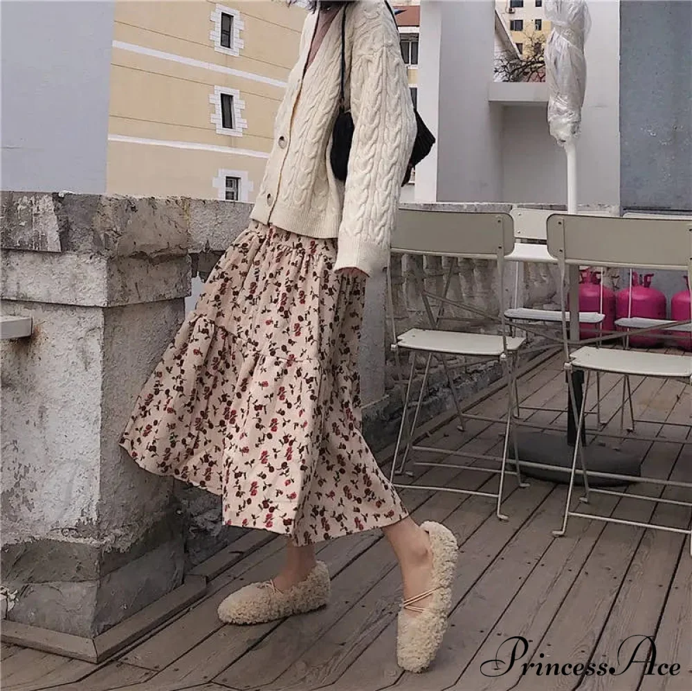 Corduroy High Waist Charming Floral Print Maxi Skirt - Image 15