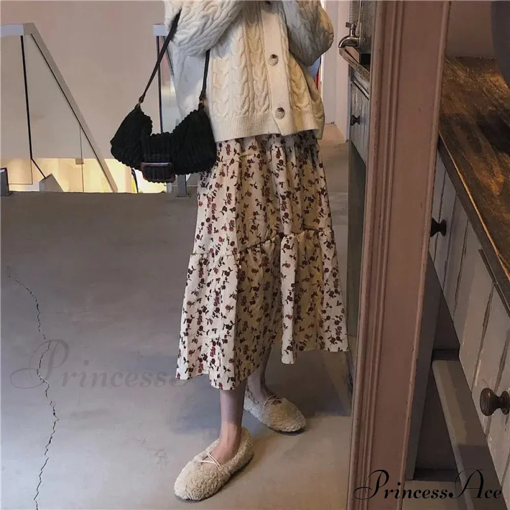 Corduroy High Waist Charming Floral Print Maxi Skirt - Image 17