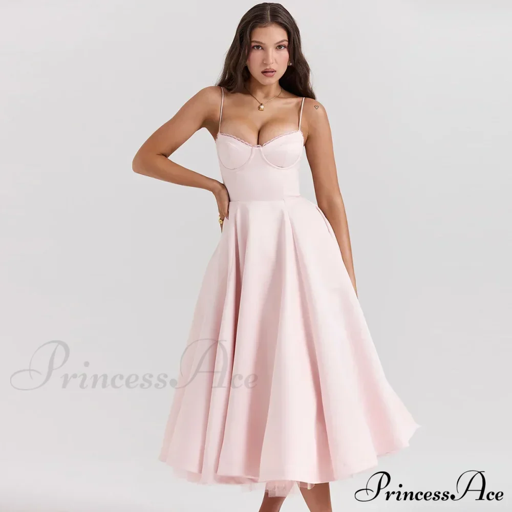 Satin Tulle Flare Charming Strap Cupped Midi Dress - Image 15