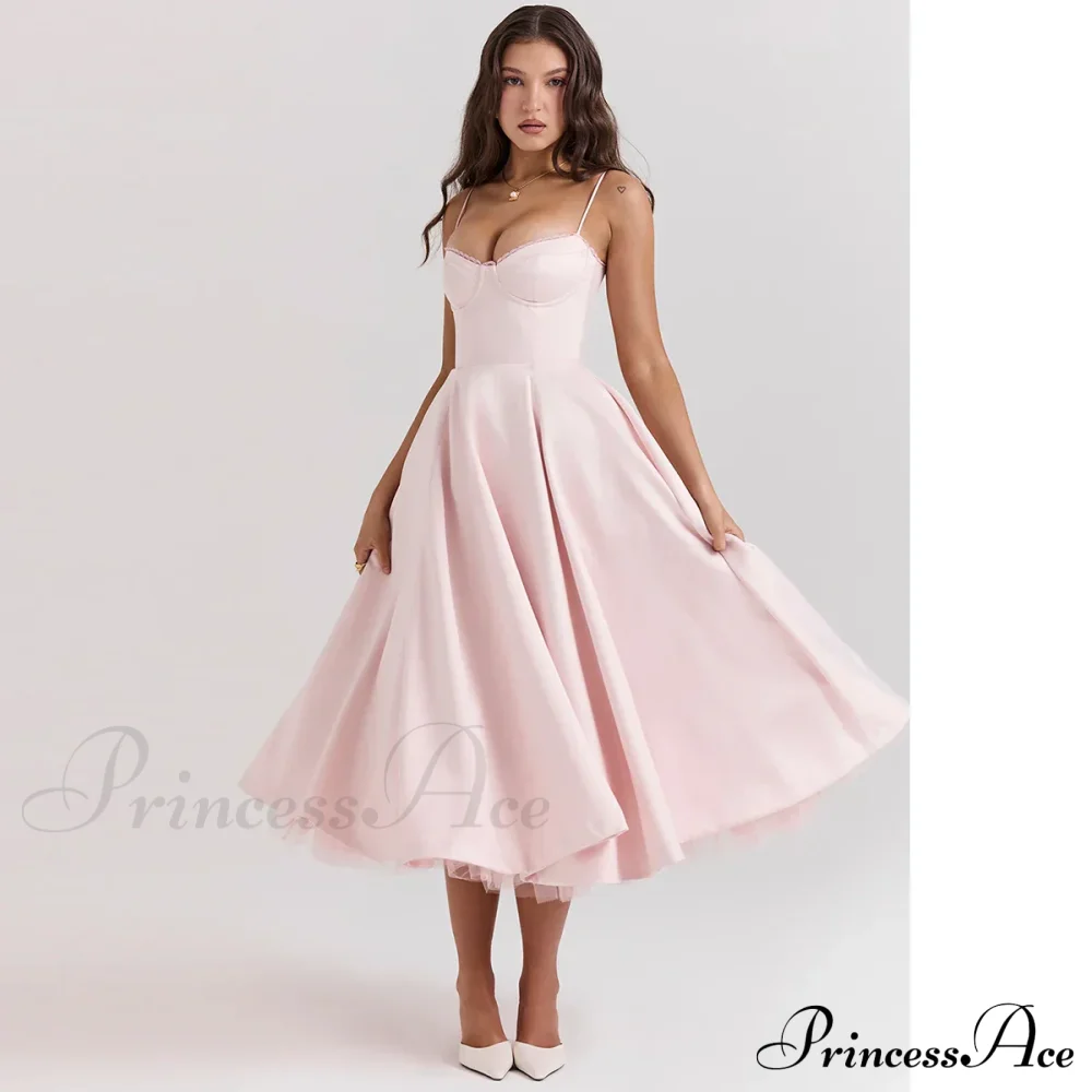 Satin Tulle Flare Charming Strap Cupped Midi Dress - Image 2