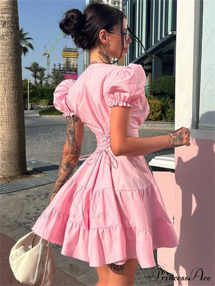 Deep Neck Puff Charming Sleeve Mini Dress - Image 4