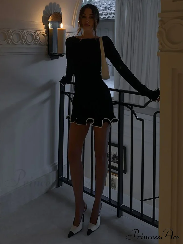 Long Sleeve Knit Charming Ruffled Trim Mini Dress - Image 10