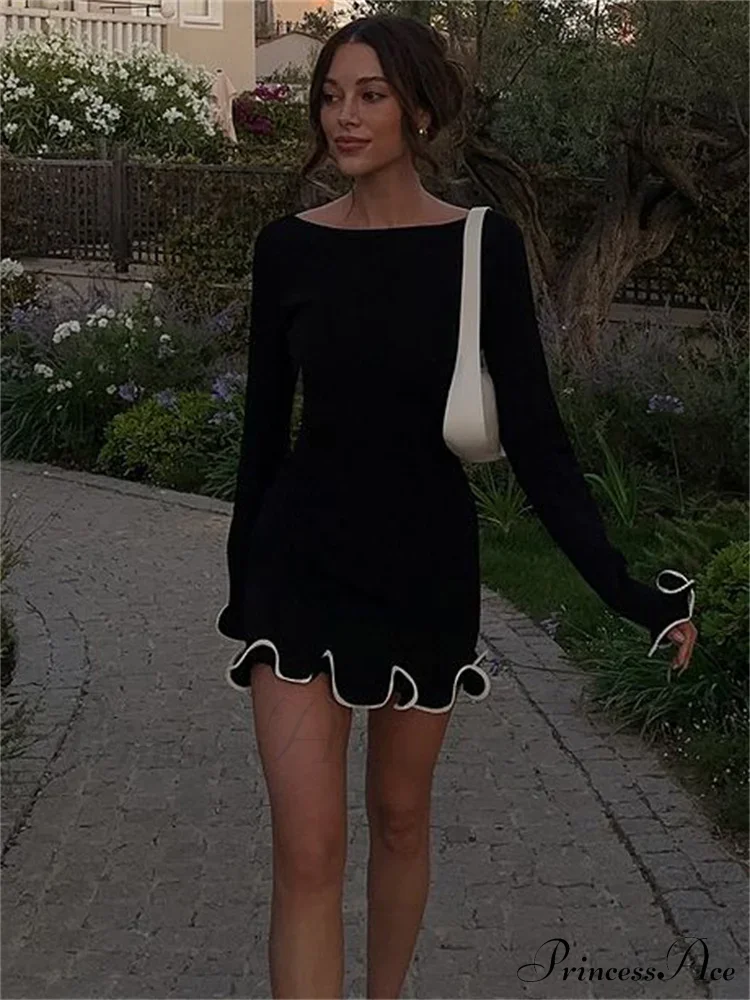 Long Sleeve Knit Charming Ruffled Trim Mini Dress - Image 11