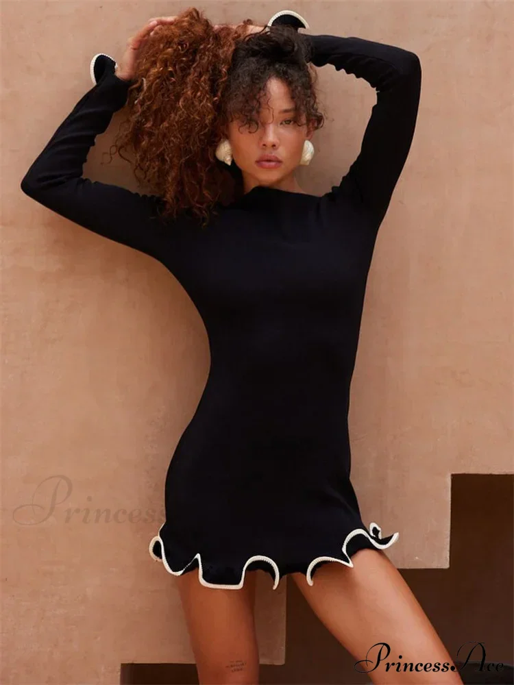 Long Sleeve Knit Charming Ruffled Trim Mini Dress - Image 15