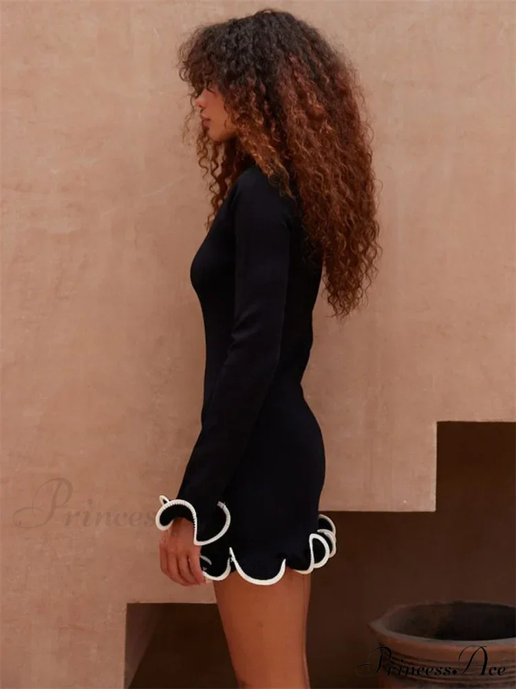 Long Sleeve Knit Charming Ruffled Trim Mini Dress - Image 16