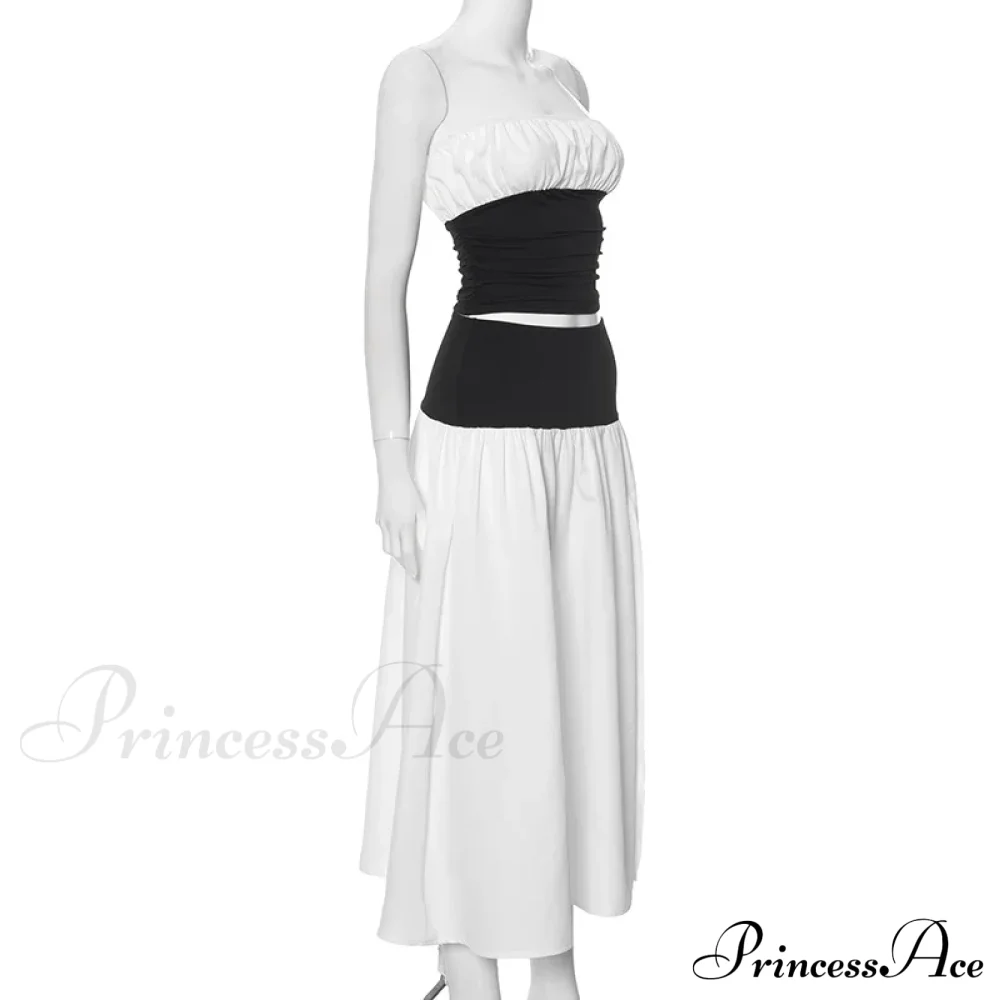 Black and White Patchwork Tube Trendy Top And Slit Long Skirt Set - Image 6