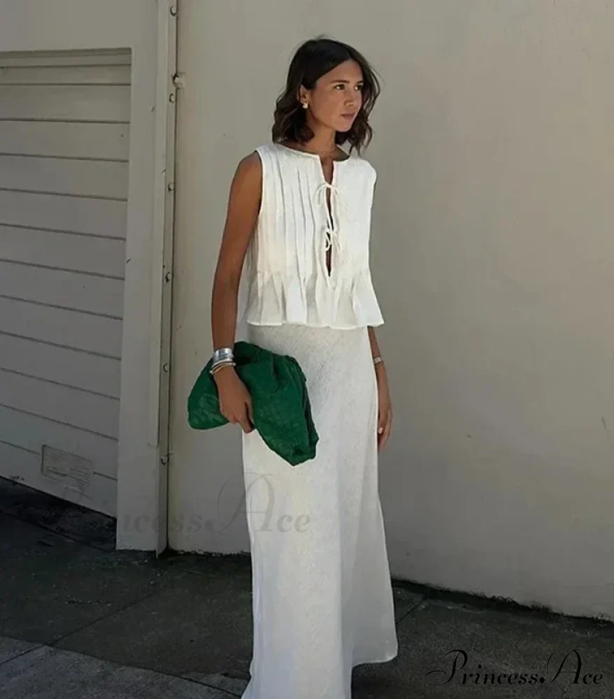 Pleated Tie Up Sleeveless Graceful Top And Midi Skirt Set