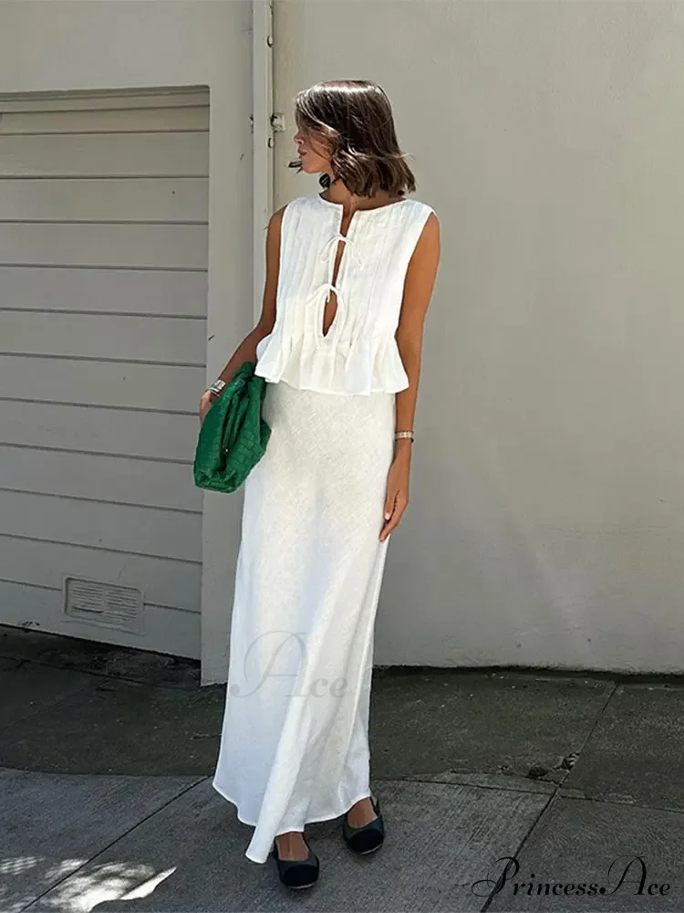 Pleated Tie Up Sleeveless Graceful Top And Midi Skirt Set - Image 4