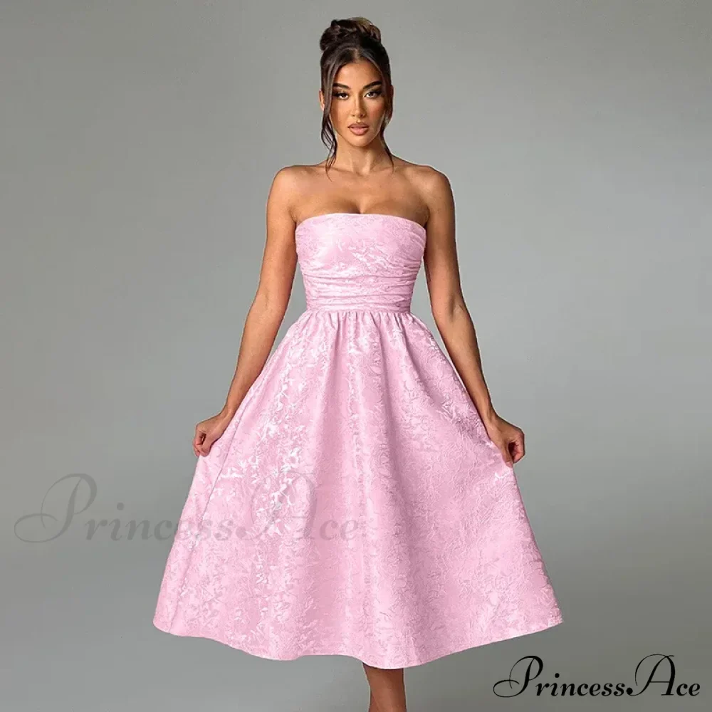 Satin Jacquard Printed Charming Tube Flare Midi Dress - Image 8