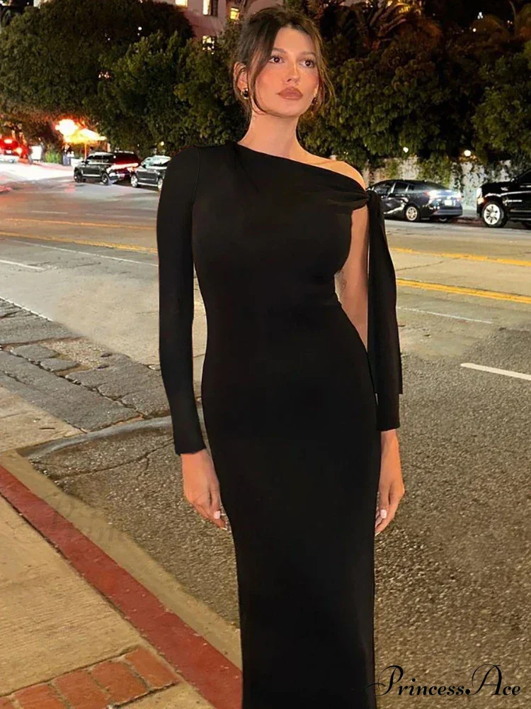 Long Sleeve One Shoulder Graceful Tie Up Bodycon Maxi Dress