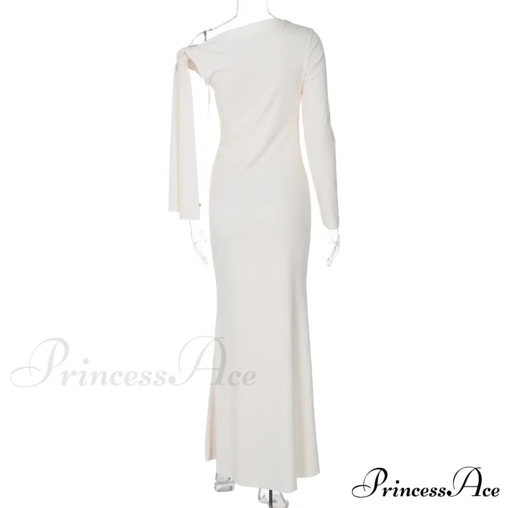Long Sleeve One Shoulder Graceful Tie Up Bodycon Maxi Dress - Image 20
