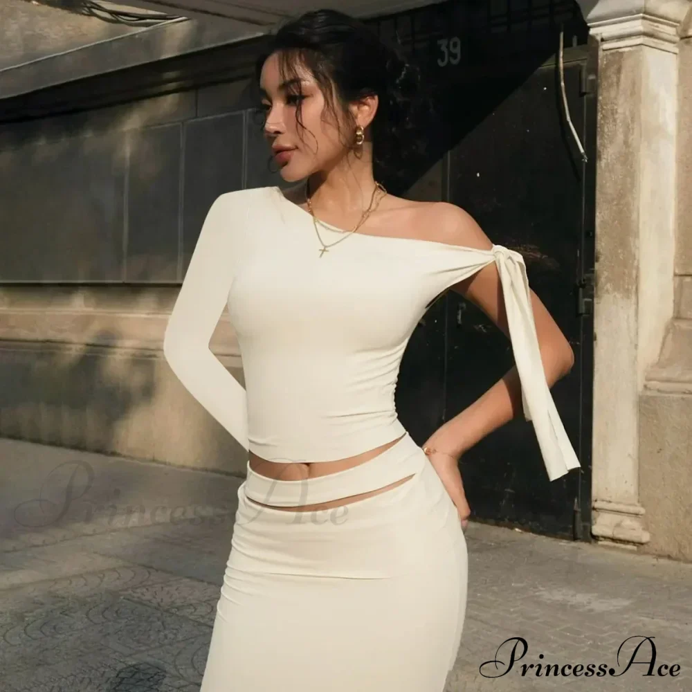 One Shoulder Long Charming Sleeve Tie Up Top - Image 10