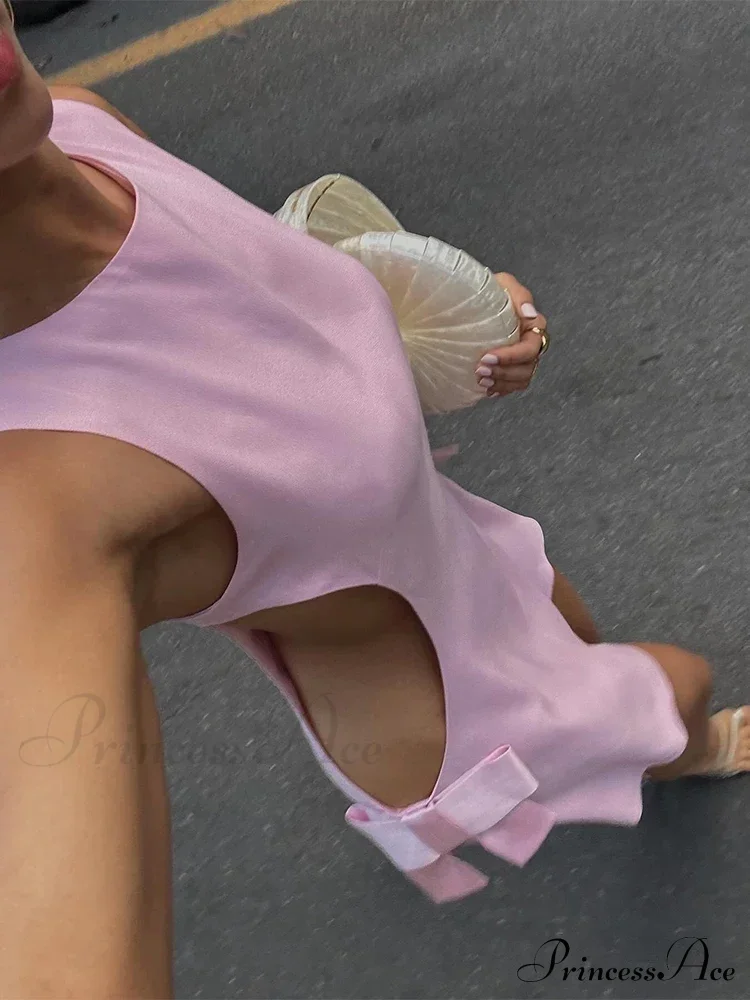 Pink Side Waist Cut Graceful Out 3D Bow Mini Dress - Image 5