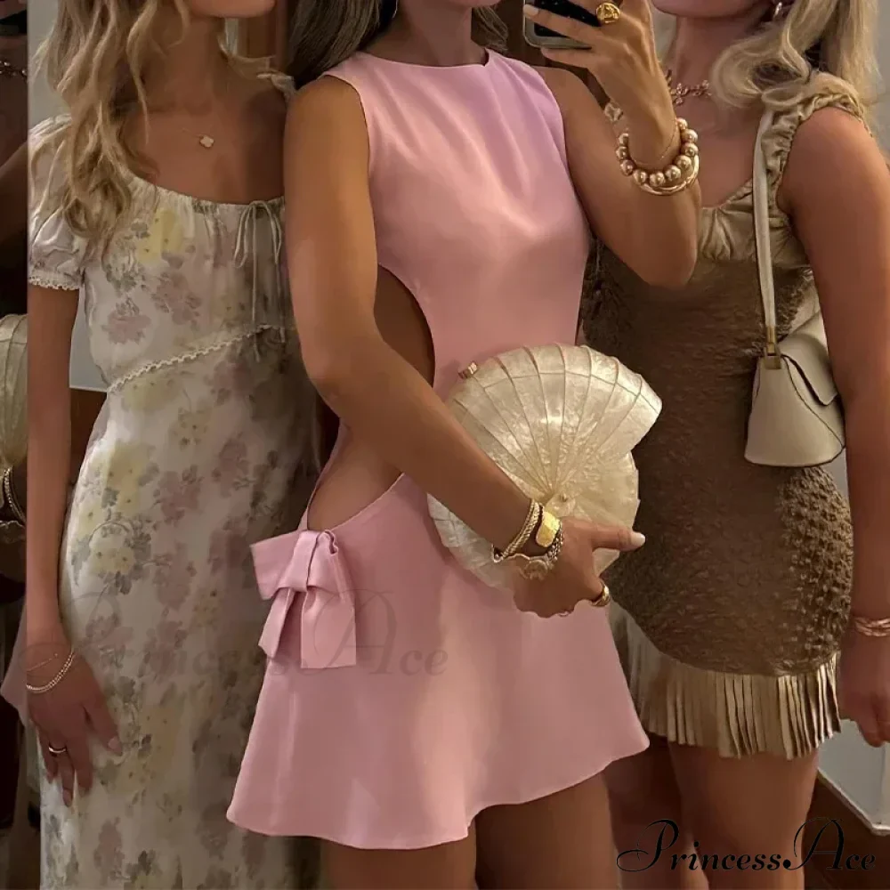 Pink Side Waist Cut Graceful Out 3D Bow Mini Dress - Image 7