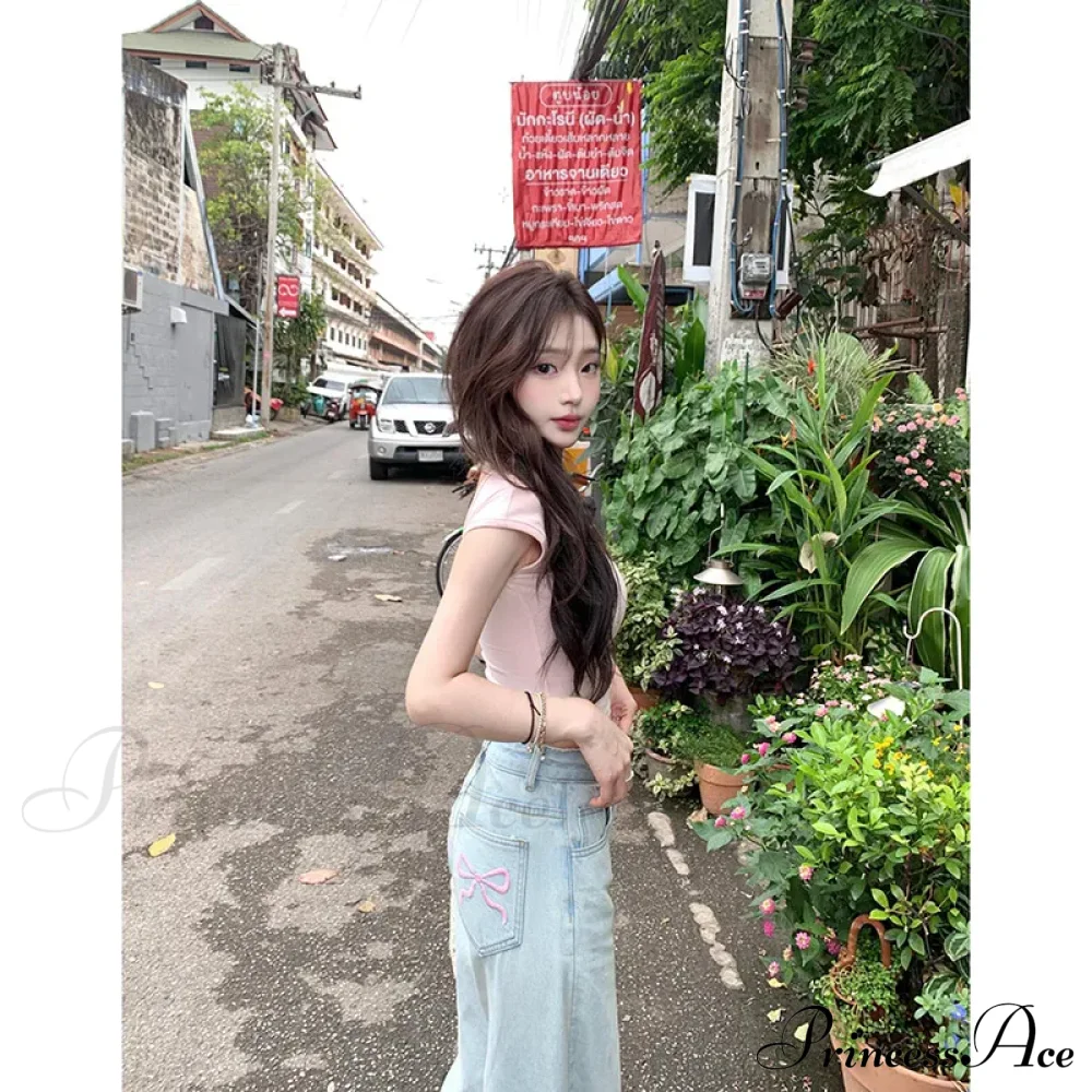 Denim Pink Pocket Charming Bow Embroidery Jeans - Image 5