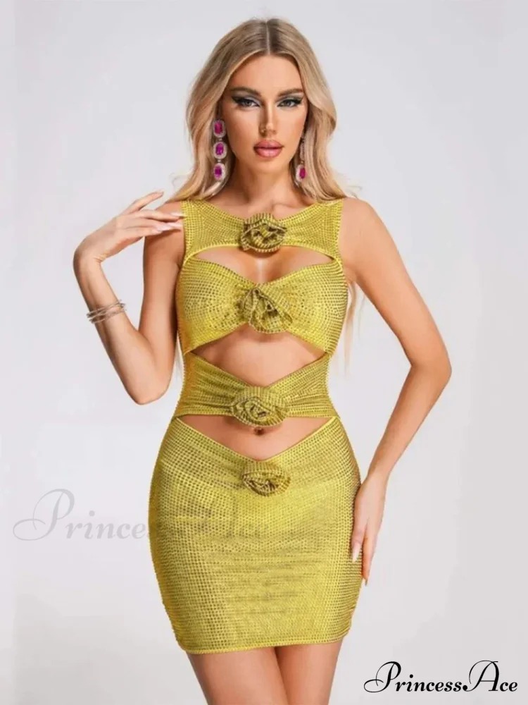 Sequin Flower Details Cut Graceful Out Bodycon Mini Dress