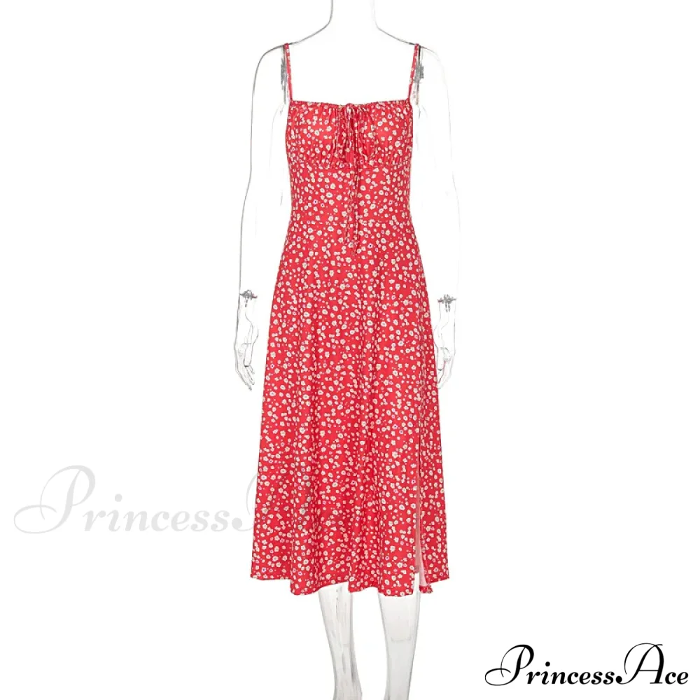 Red Floral Print Charming Strap Split Midi Dress - Image 7