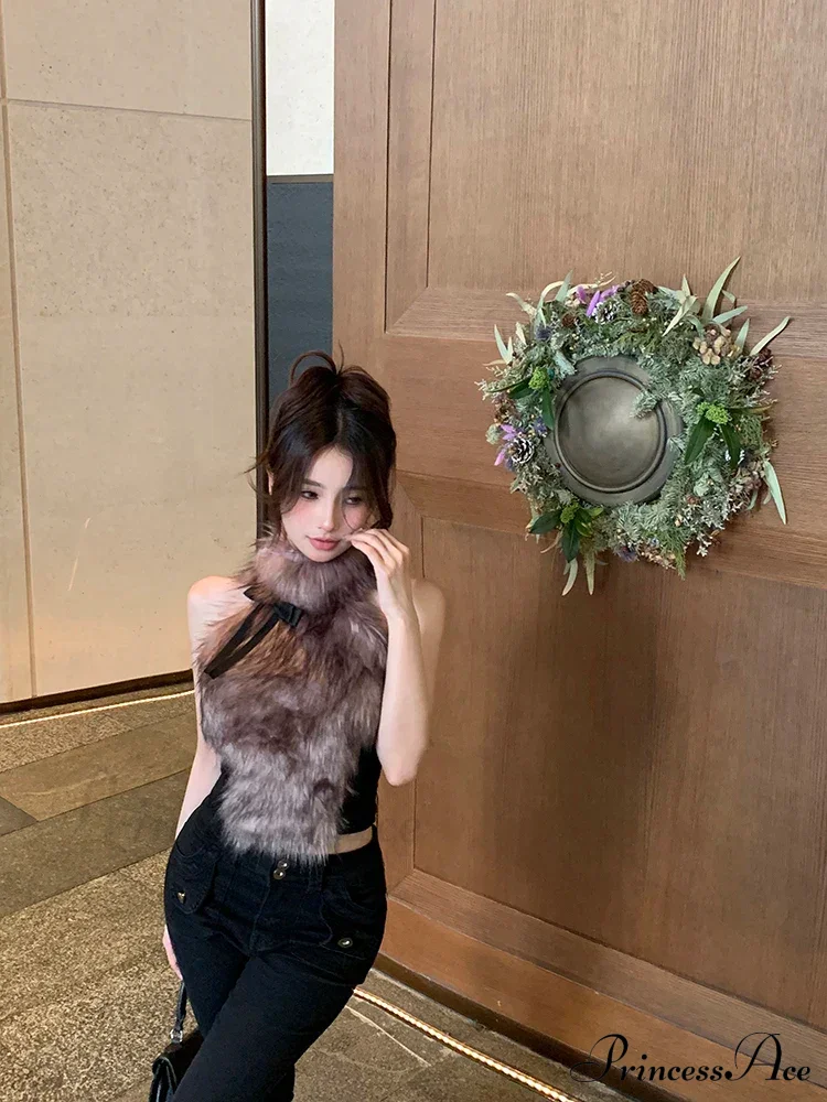 Faux Fur High Collar Sleeveless Trendy Camisole Tank Top with Bow - Image 11