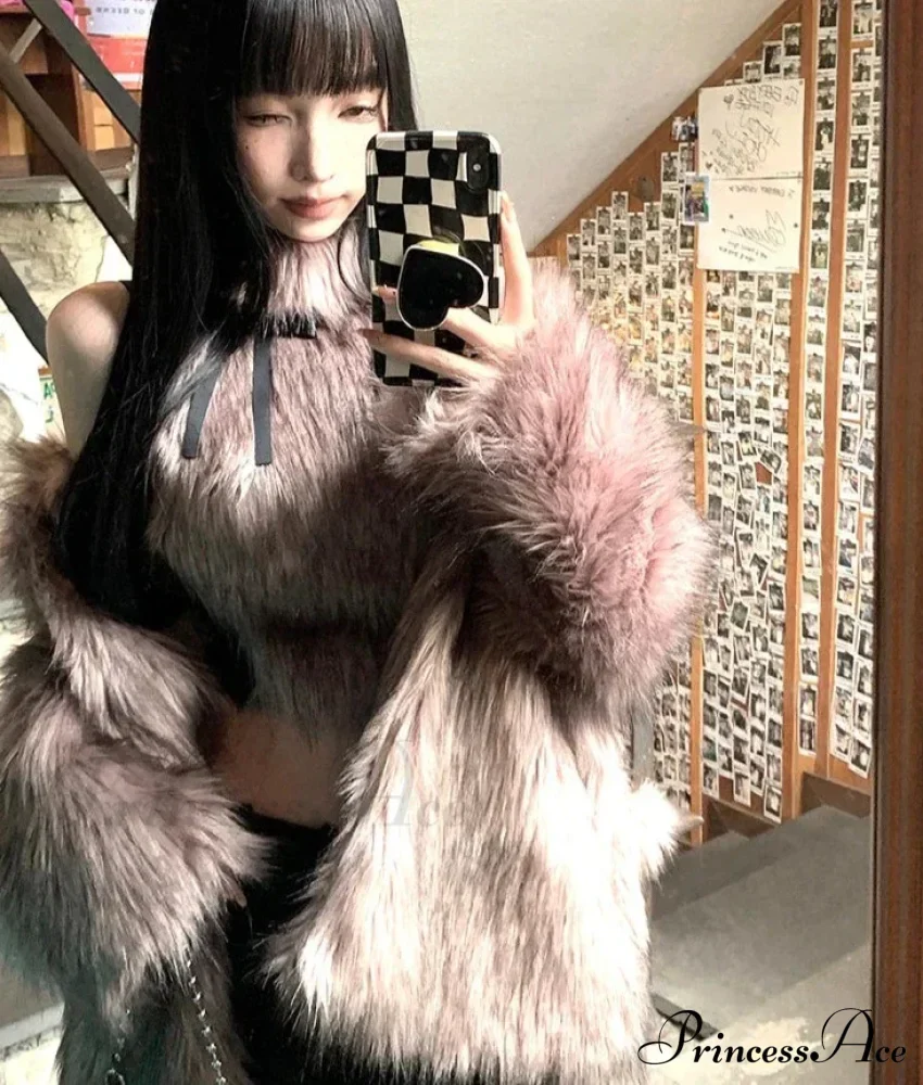 Faux Fur High Collar Sleeveless Trendy Camisole Tank Top with Bow - Image 5