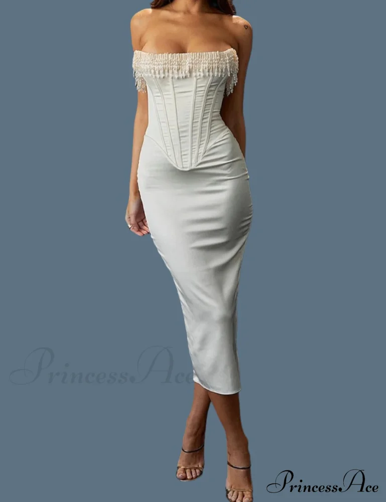 Satin Pearl Tassel Charming Corset Tube Midi Dress - Image 4