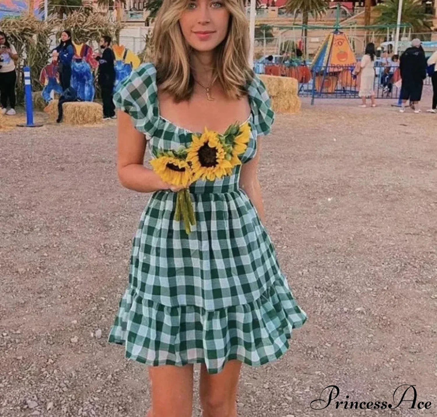 Gingham Chiffon Puff Charming Sleeve Mini Dress
