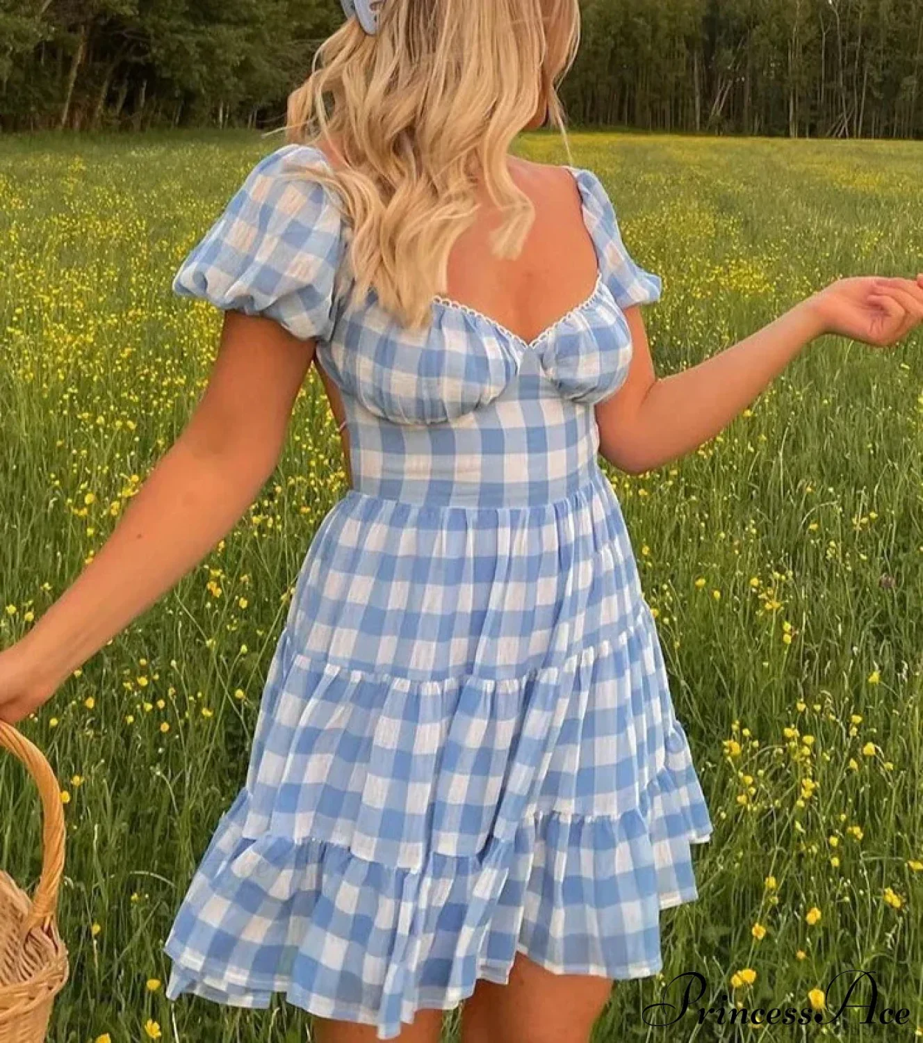 Gingham Chiffon Puff Charming Sleeve Mini Dress - Image 2