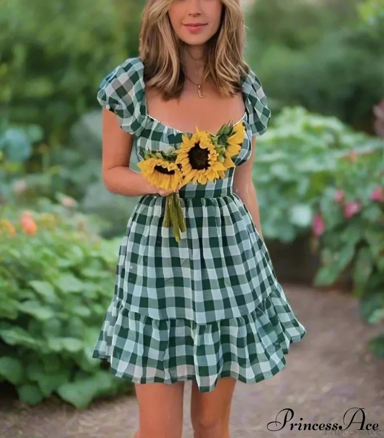 Gingham Chiffon Puff Charming Sleeve Mini Dress - Image 4