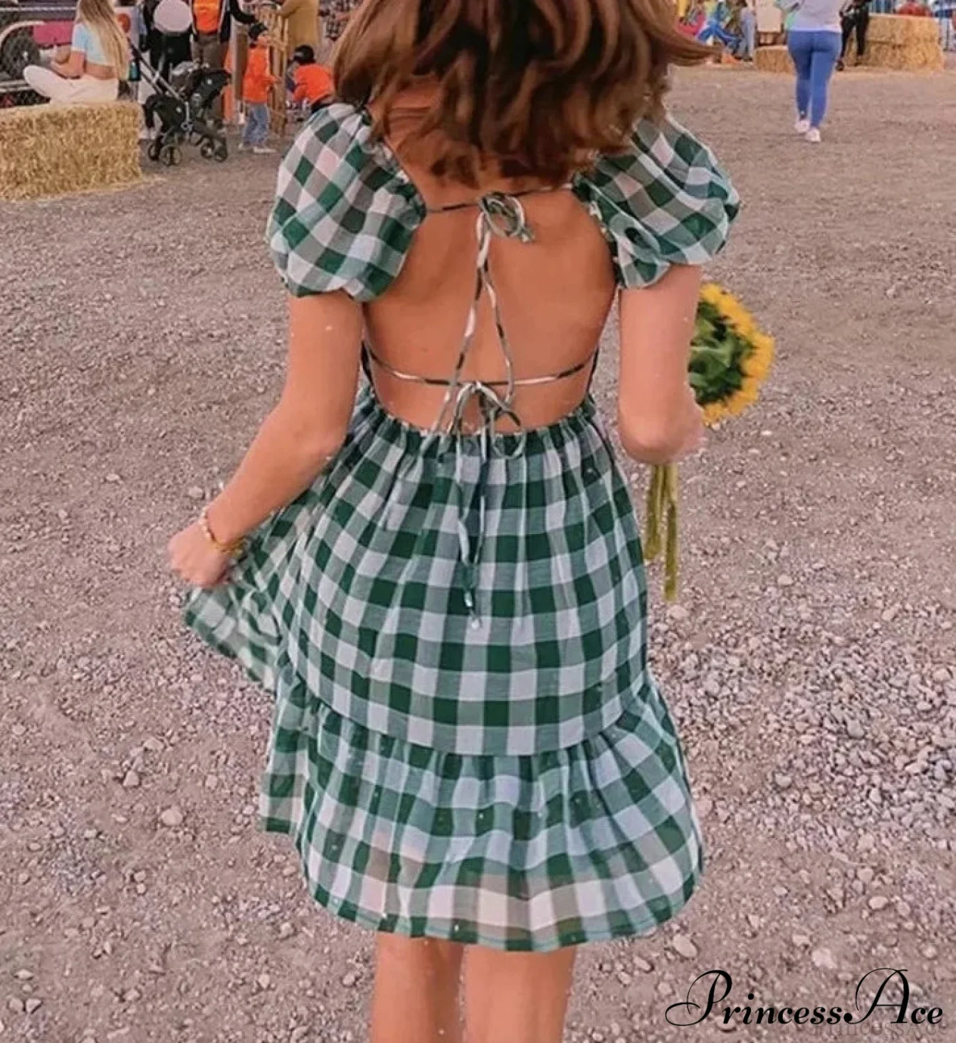 Gingham Chiffon Puff Charming Sleeve Mini Dress - Image 5