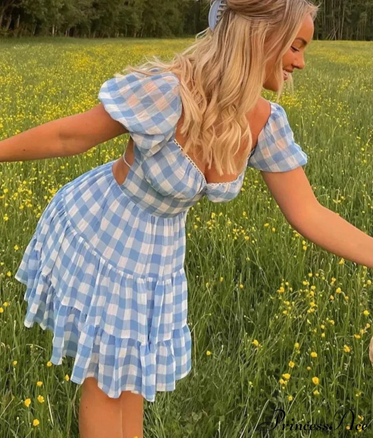 Gingham Chiffon Puff Charming Sleeve Mini Dress - Image 6