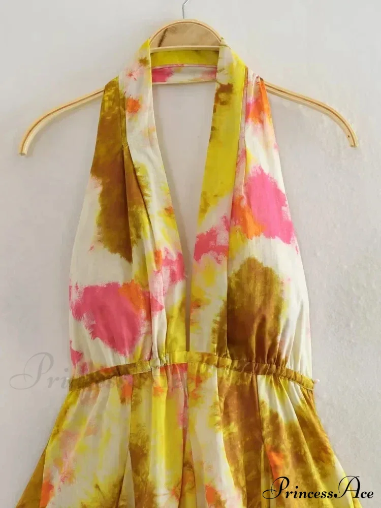 Print Halter Open Back Graceful Sleeveless V Neck Mini Dress - Image 3