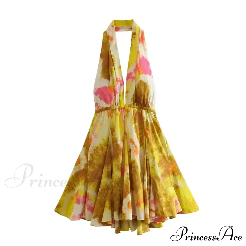 Print Halter Open Back Graceful Sleeveless V Neck Mini Dress - Image 4