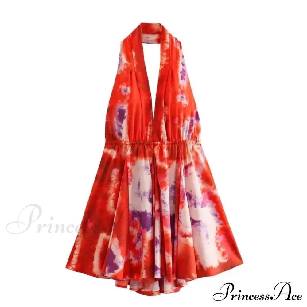 Print Halter Open Back Graceful Sleeveless V Neck Mini Dress - Image 9