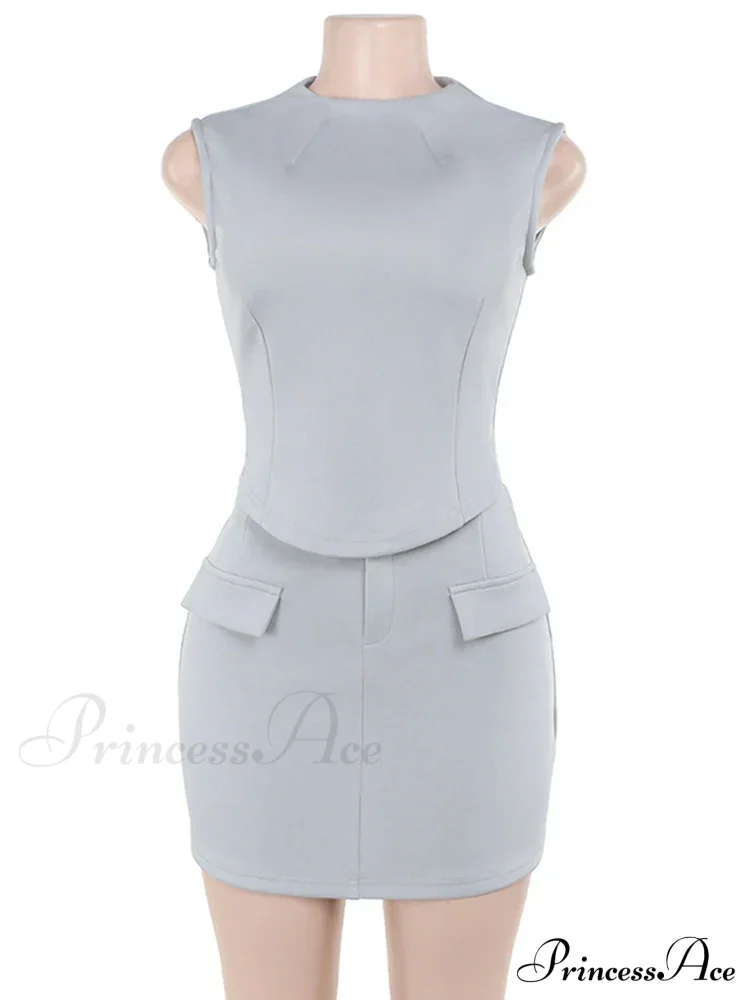 High Neck Solid Top Graceful And Bodycon Mini Skirt Set - Image 8