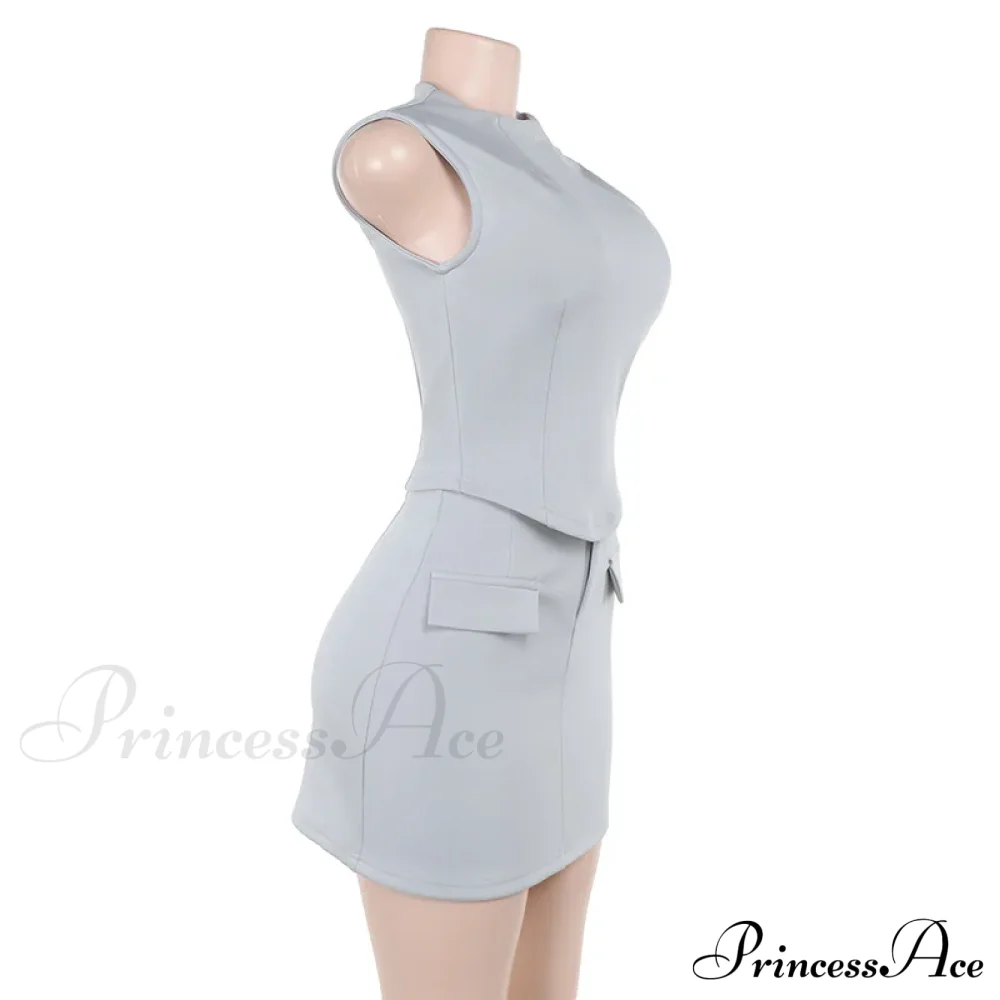 High Neck Solid Top Graceful And Bodycon Mini Skirt Set - Image 9
