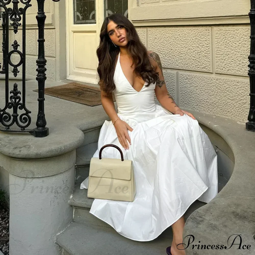 Open Back Halter Deep Graceful V-neck White Ankle Length Dress - Image 19